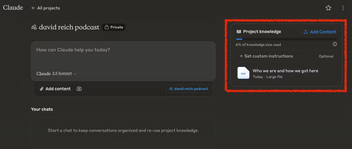 Claude 에서는 PDF를 입력해서 질문을 할 수 있는 Project Knowledge 기능을 제공하는 걸 나타내는 이미지입니